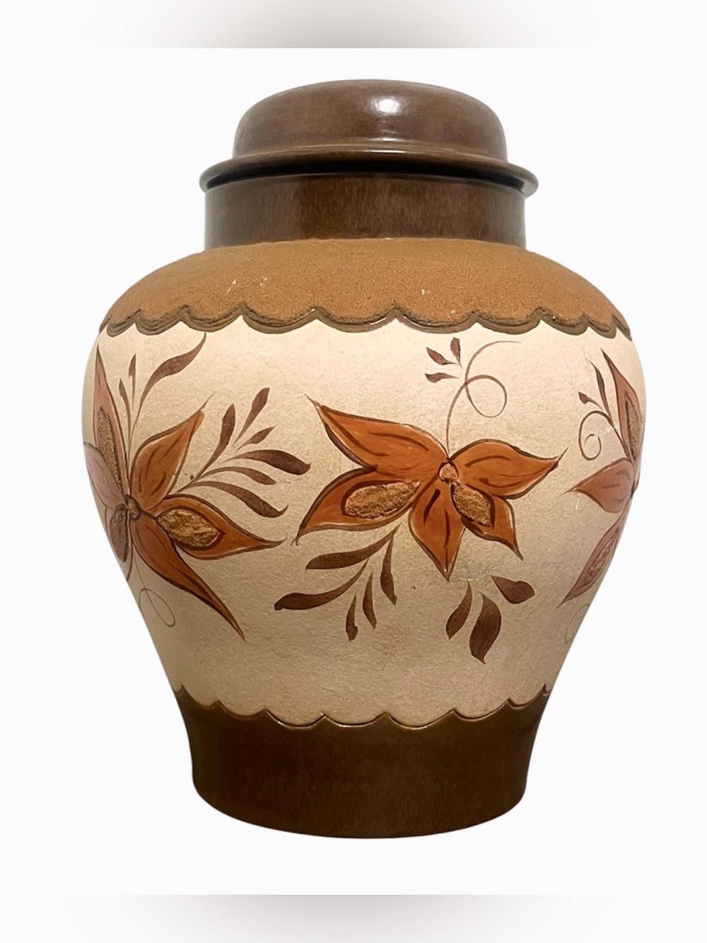 Vintage 1979 Signed “Laura E”  Pottery Ginger Jar 11” Hand Painted Rustic
